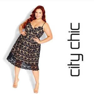 City Chic Trendy Fancy Black Lace Nude Underlay Spaghetti Strap Dress Size XL/22